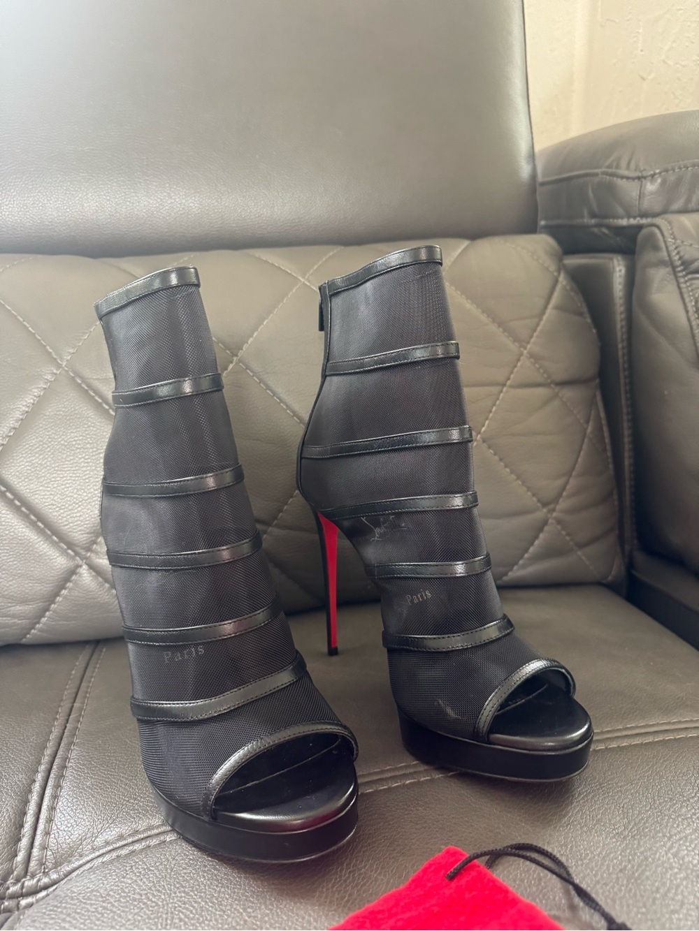 Christian Louboutin Black Mesh Sandals with Signature Red Sole - Picture 7 of 7